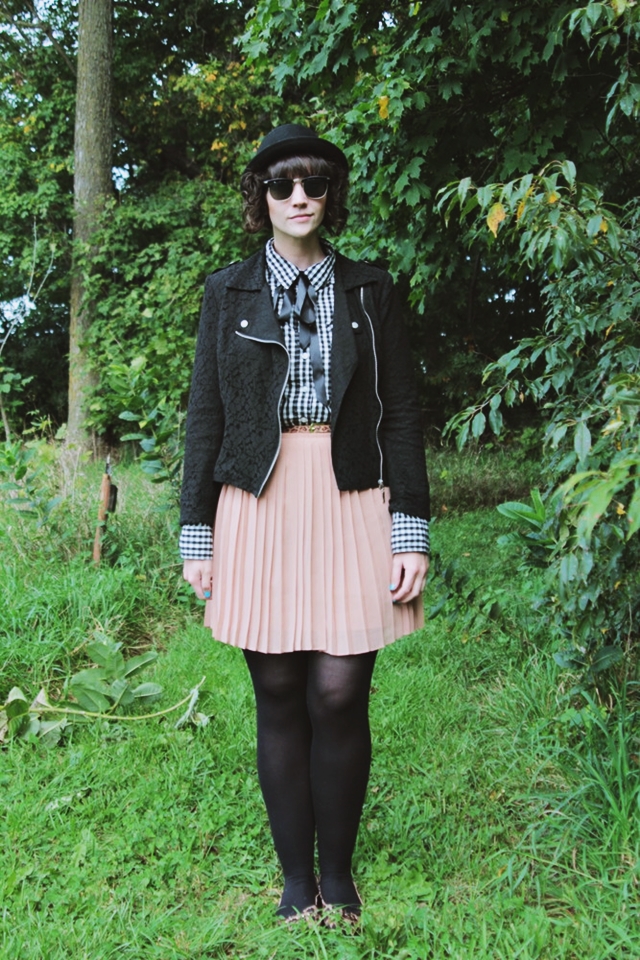 Outfit: Gingham top, blush pleated skirt, and lace moto jacket. 14 Best Outfits of 2014 hannah rupp the outfit repeater thrifted fashion clothes