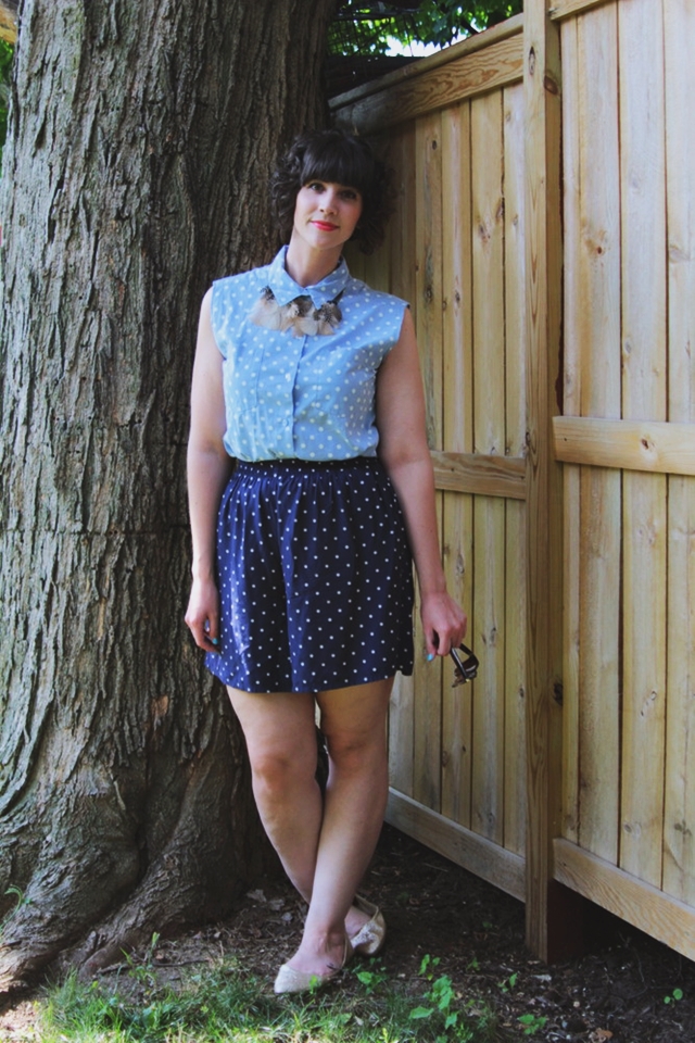 Outfit: Blue polka dot top, matching shorts, DIY feather necklace. 14 Best Outfits of 2014 hannah rupp the outfit repeater thrifted fashion clothes