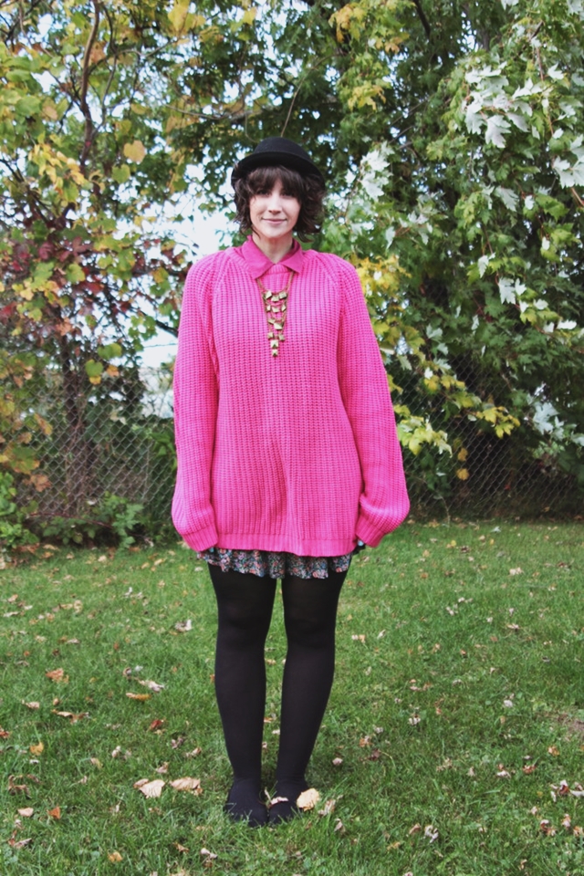 Outfit: Pink sweater, floral shorts peeking out, bronze jewelry. 14 Best Outfits of 2014 hannah rupp the outfit repeater thrifted fashion clothes