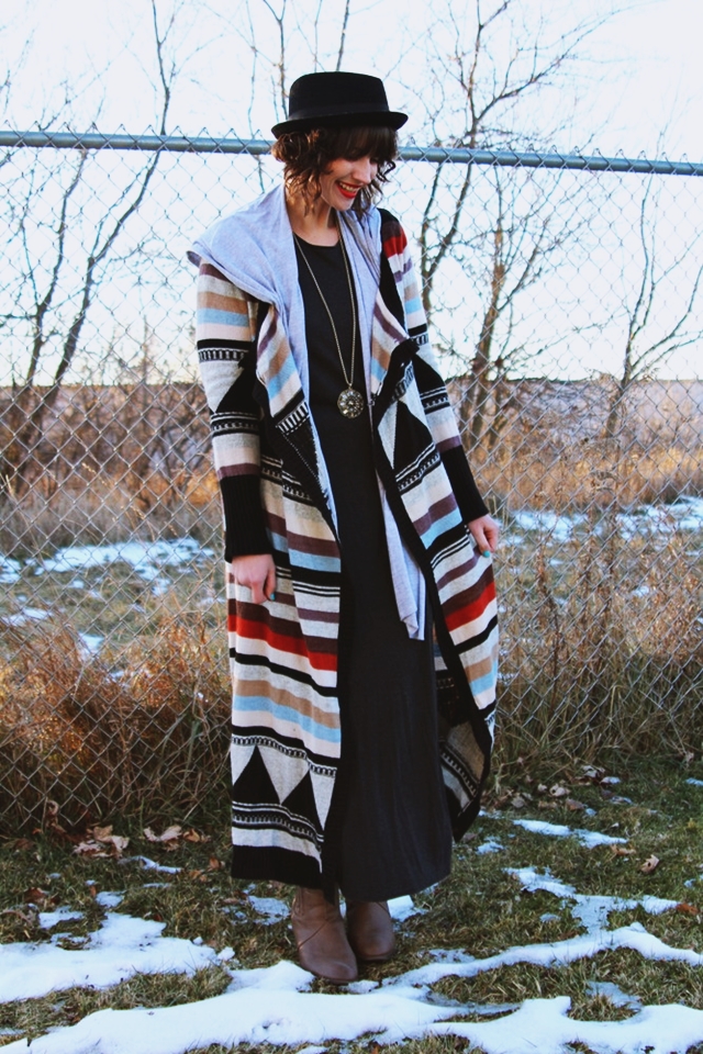 An Outfit Cozy Enough To Sleep In | www.theoutfitrepeater.com hannah rupp the outfit repeater duster cardigan outfit striped warm sleeping pajamas winter maxi dress