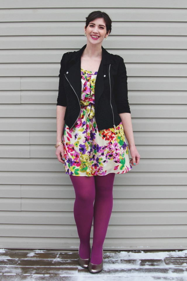 hannah rupp the outfit repeater floral dress flirty valentines day winter moto jacket