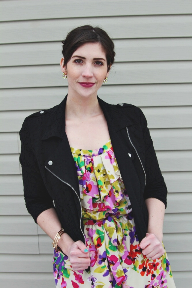 hannah rupp the outfit repeater floral dress flirty valentines day winter moto jacket