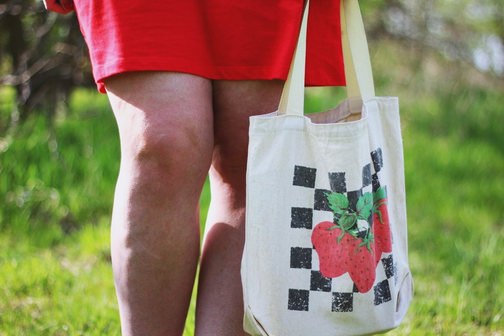 hannah rupp the outfit repeater Thrifted red dress, denim jacket, vintage strawberry tote bag.