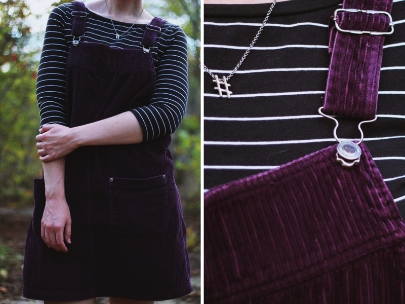 Outfit: Black & white breton striped top, purple corduroy dress, nude t-strap heels, black pork pie hat, reflective sunglasses