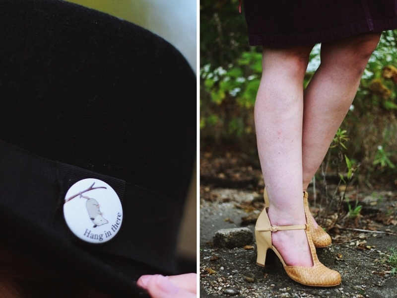 Outfit: Black & white breton striped top, purple corduroy dress, nude t-strap heels, black pork pie hat, reflective sunglasses