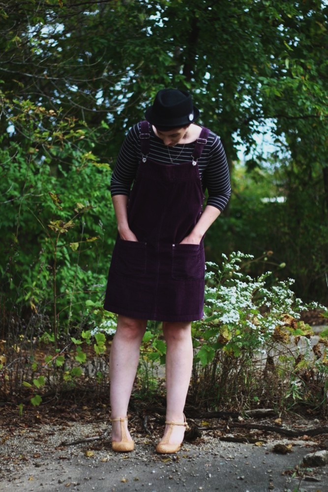 Outfit: Black & white breton striped top, purple corduroy dress, nude t-strap heels, black pork pie hat, reflective sunglasses