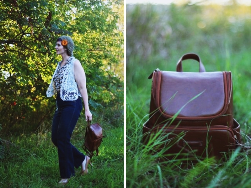 1970s Inspired Outfit: Floral blouse, white lace vest, high waisted dark wash denim, high heels, mini brown backpack