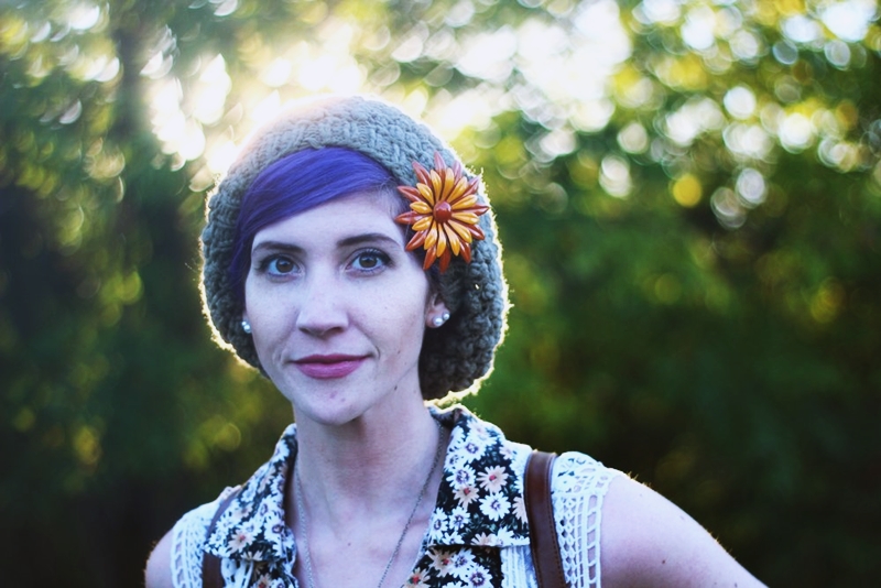 That '70s Outfit | The Outfit Repeater 1970s Inspired Outfit: Floral blouse, slouchy green hat, vintage orange flower brooch, purple hair