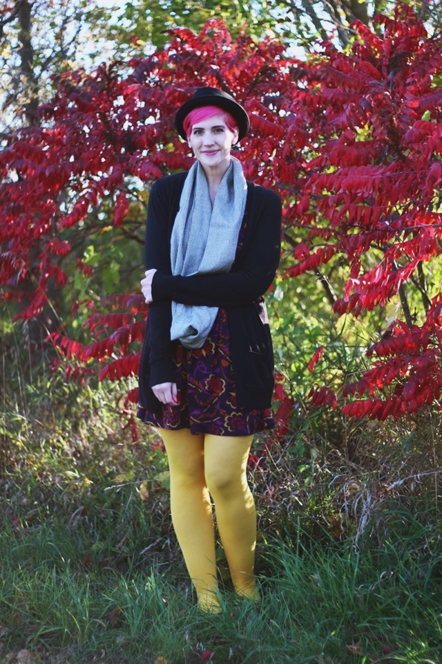 My Autumn Dress | The Outfit Repeater Outfit: autumn leaf print purple dress, yellow gold WeLoveColors tights, long black Wal-Mart cardigan, houndstooth infinity scarf, black ASOS pork pie hat, bright pink pixie cut