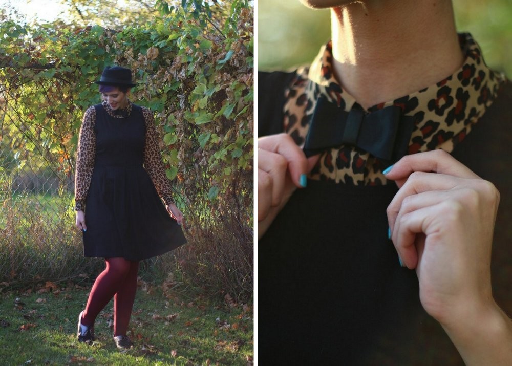 Double Dose of Leopard Print | The Outfit Repeater Outfit: leopard print blouse, black dress, burgundy tights, brogues, pork pie hat, DIY bow tie