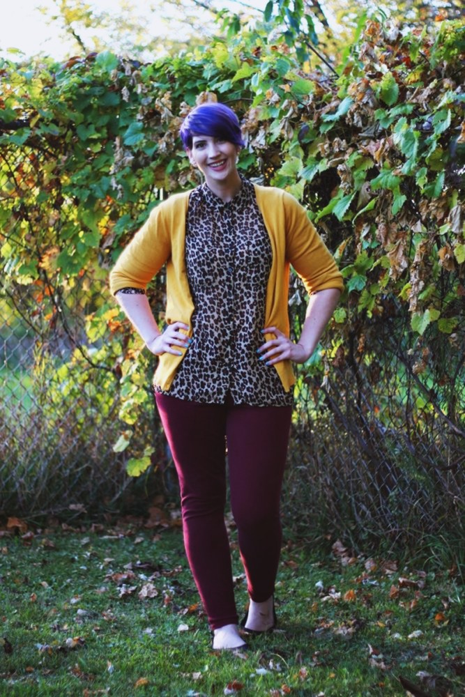 Outfit: leopard print blouse, burgundy pants, mustard cardigan, purple pixie hair cut