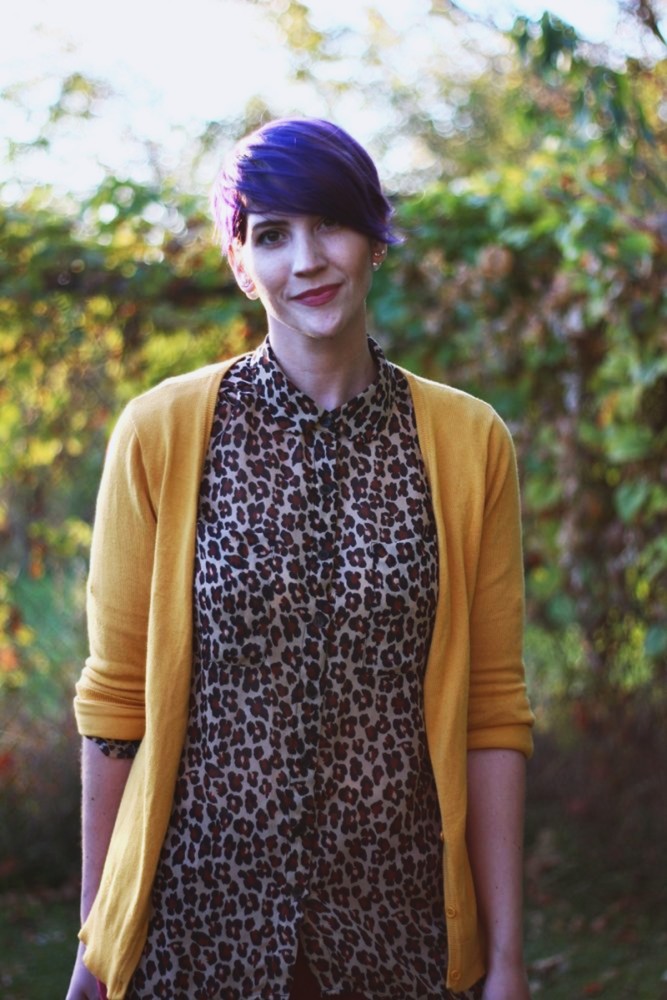 Double Dose of Leopard Print | The Outfit Repeater Outfit details: Leopard print blouse, mustard cardigan, purple pixie hair cut