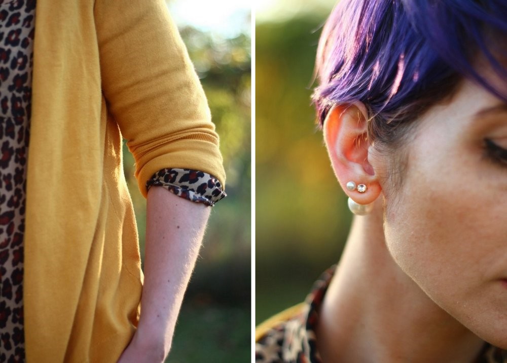 Double Dose of Leopard Print | The Outfit Repeater Outfit details: Leopard print blouse, mustard cardigan, purple pixie hair cut, Forever21 pearl ear jacket
