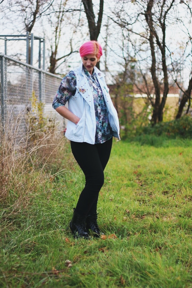 I'm A Black Friday Shopping Ninja | The Outfit Repeater Outfit: thrifted printed top, studded biker style vest, black Rockstar Old Navy jeggings, fake Doc Marten Target boots, pink pixie cut, Wet'n'Wild lipstick in Mauve Outta Here