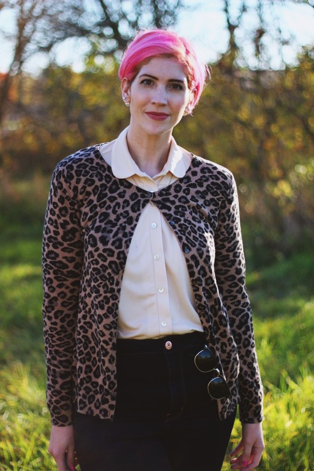 Outfit: Peach grandma blouse, leopard print cardigan, pink pixie cut