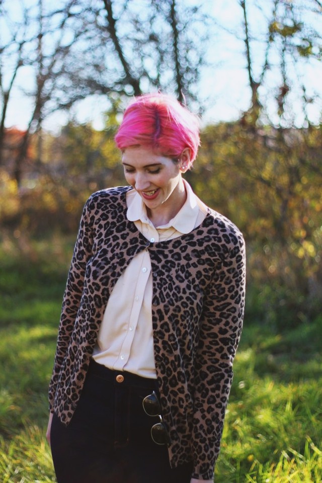 Outfit: Peach grandma blouse, leopard print cardigan, pink pixie cut