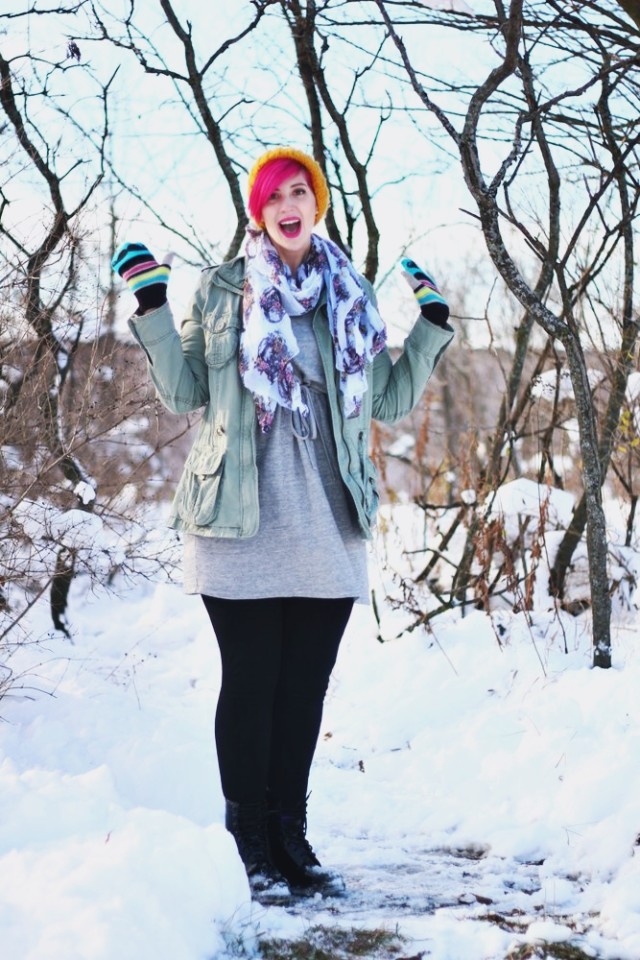 Outfit: outerwear for winter, gray sweatshirt dress, black leggings, olive green utility jacket, black Doc Martens, yellow hat, bright pink hair