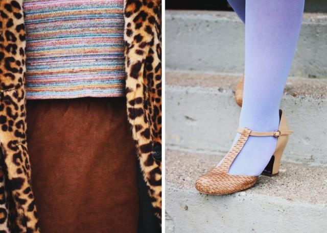 Outfit details: striped crop top, brown suede skirt, leopard print coat, lavender tights, beige t-strap high heels