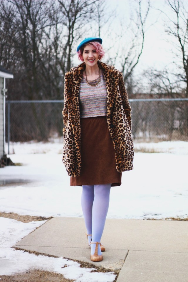 Outfit: Blue striped crop top, light brown suede skirt, Forever 21 leopard print jacket, teal beret, gold necklace, lavender tights, beige t-strap heels