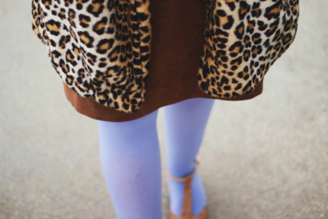 Outfit details: brown suede skirt, leopard print coat, lavender tights, beige t-strap high heels