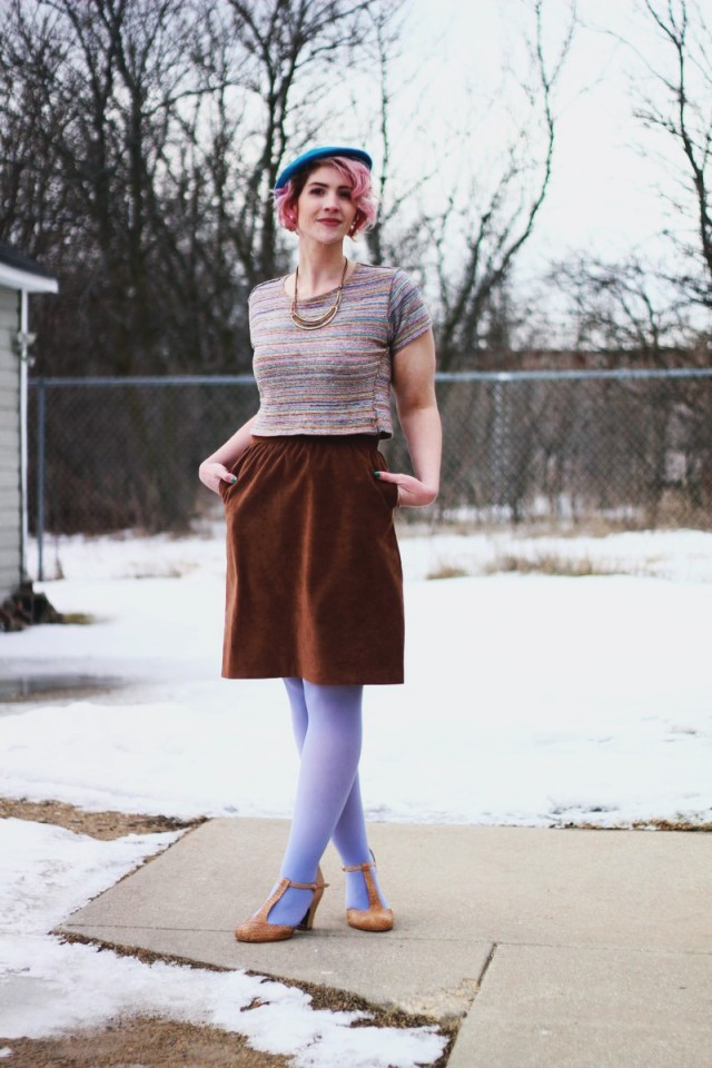 Outfit: Blue striped crop top, light brown suede skirt, Forever 21 leopard print jacket, teal beret, gold necklace, lavender tights, beige t-strap heels