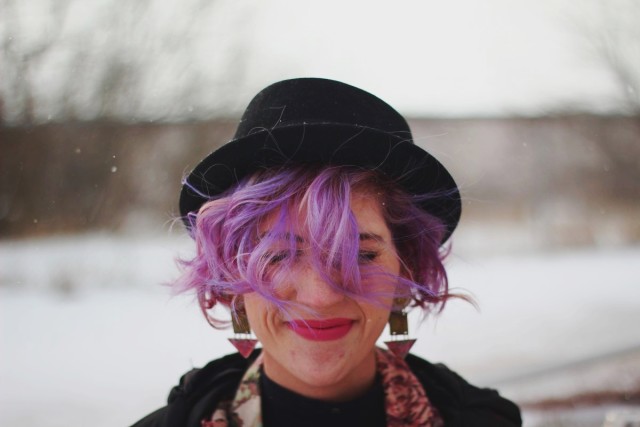 A Volcanic Ensemble | www.theoutfitrepeater.com Pretty In Pink inspired volcanic ensemble: black pork pie hat, 80s-era statement earrings, ultra violet manic panic mermaid hair