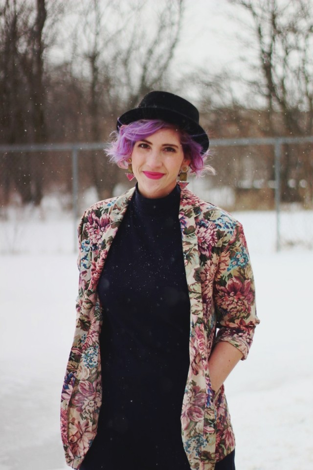 Pretty In Pink inspired volcanic ensemble: Black mockneck bodycon dress, vintage floral blazer, black pork pie hat, 80s-era statement earrings, ultra violet manic panic mermaid hair