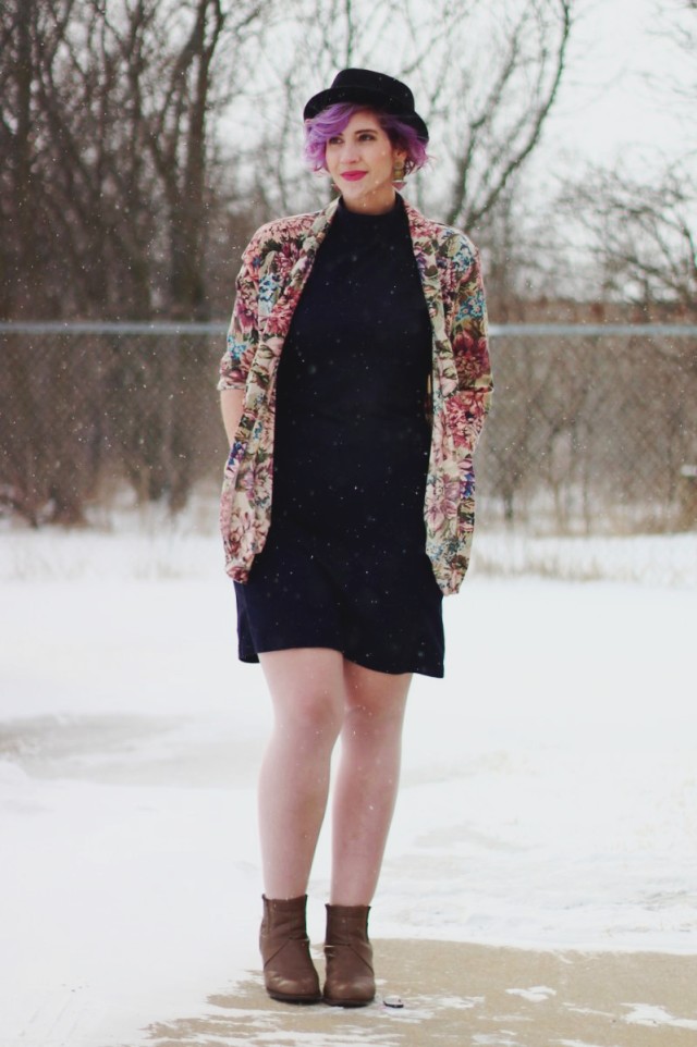 A Volcanic Ensemble | www.theoutfitrepeater.com Pretty In Pink inspired volcanic ensemble: Black mockneck bodycon dress, vintage floral blazer, black pork pie hat, 80s-era statement earrings, beige booties