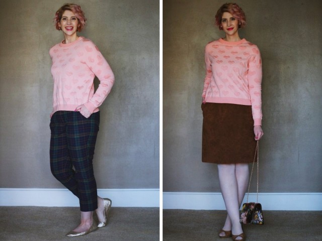 Valentine's Day to Night Outfit | www.theoutfitrepeater.com A heart printed pink sweatshirt is worn for a day to night outfit on Valentine's Day.