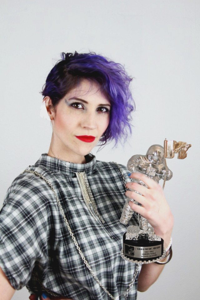 She's So Unusual | Fashion Flashback | www.theoutfitrepeater.com A Cyndi Lauper look inspired by 1980's fashion, curly purple hair red lipstick, plaid dress, 1984 MTV Video Awards
