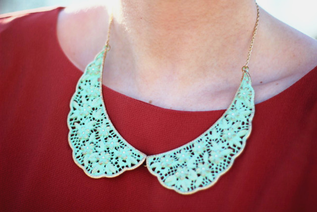 Dressing For The '60s | Fashion Flashback | www.theoutfitrepeater.com Burnt orange dress and blue peter pan collar necklace
