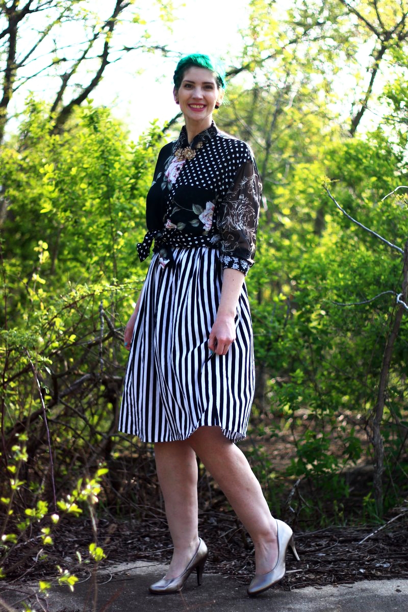 What It Looks Like To Have Your Mom Dress You | www.theoutfitrepeater.com Mother's Day Outfit: Contempo Casual printed shirt, striped skirt, silver high heels, beige floral necklace, green hair