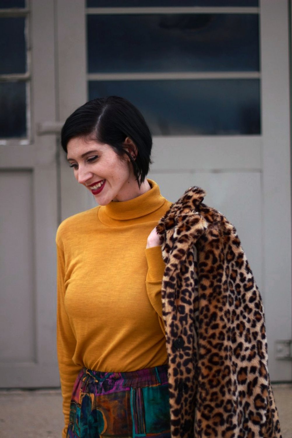 Outfit: Leopard print coat, mustard yellow turtleneck