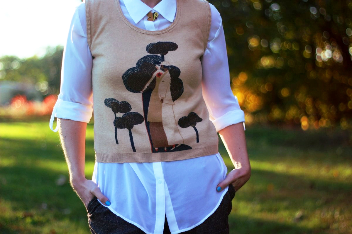 Outfit: White button down, vintage sweater vest, DIY wooden squirrel brooch