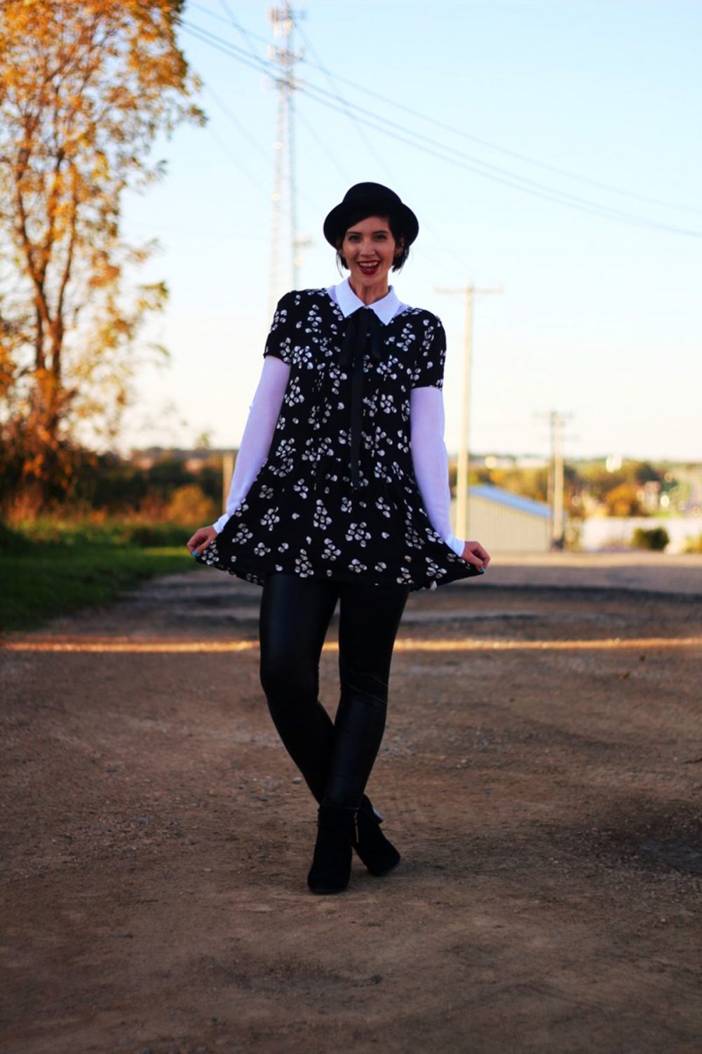 Outfit: Skull and crossbone dress, white button down, DIY ribbon, pork pie hat, dark lipstick, liquid leggings, black heeled booties 