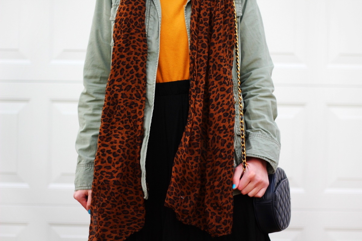 Back To Basics: Turtleneck Sweater & Utility Jacket | www.theoutfitrepeater.com Outfit: mustard yellow turtleneck, olive green utility jacket, leopard print scarf, black skater skirt,navy blue quilted purse