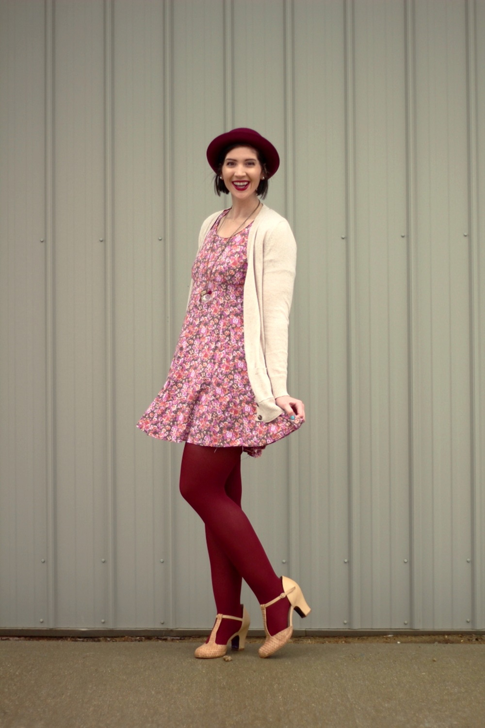 The Essential Valentine's Day Outfit | www.theoutfitrepeater.com Valentine's Day outfit Thrifted floral dress, beige cardigan, bowler hat, dark lipstick, maroon tights, beige t-strap style high heels