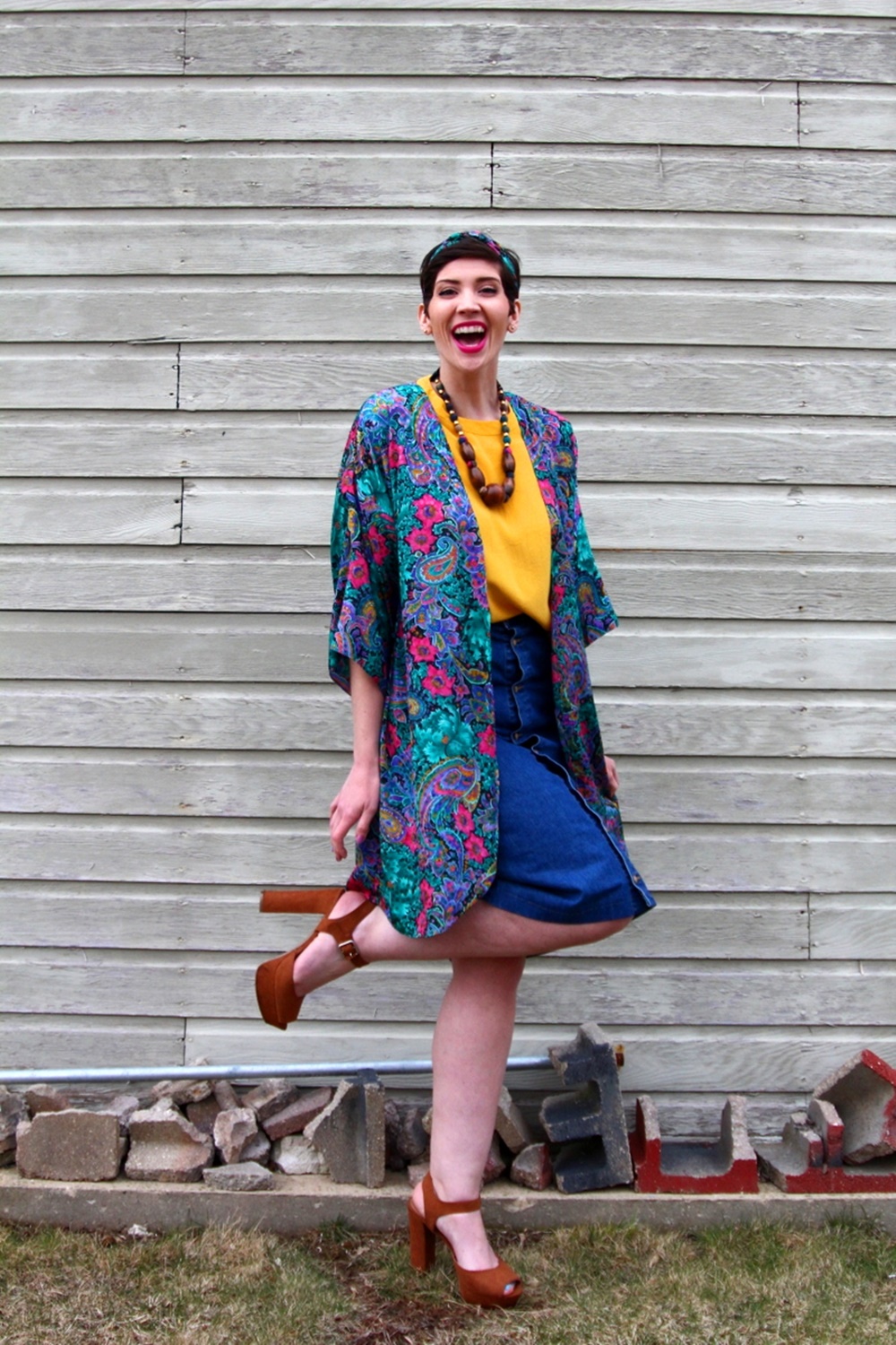 Outfit yellow top, vintage thrifted kimono robe lingerie, denim skirt buttonup, wooden bead necklace, cognac platform shoes ThredUp, YSL fuchsia lipstick