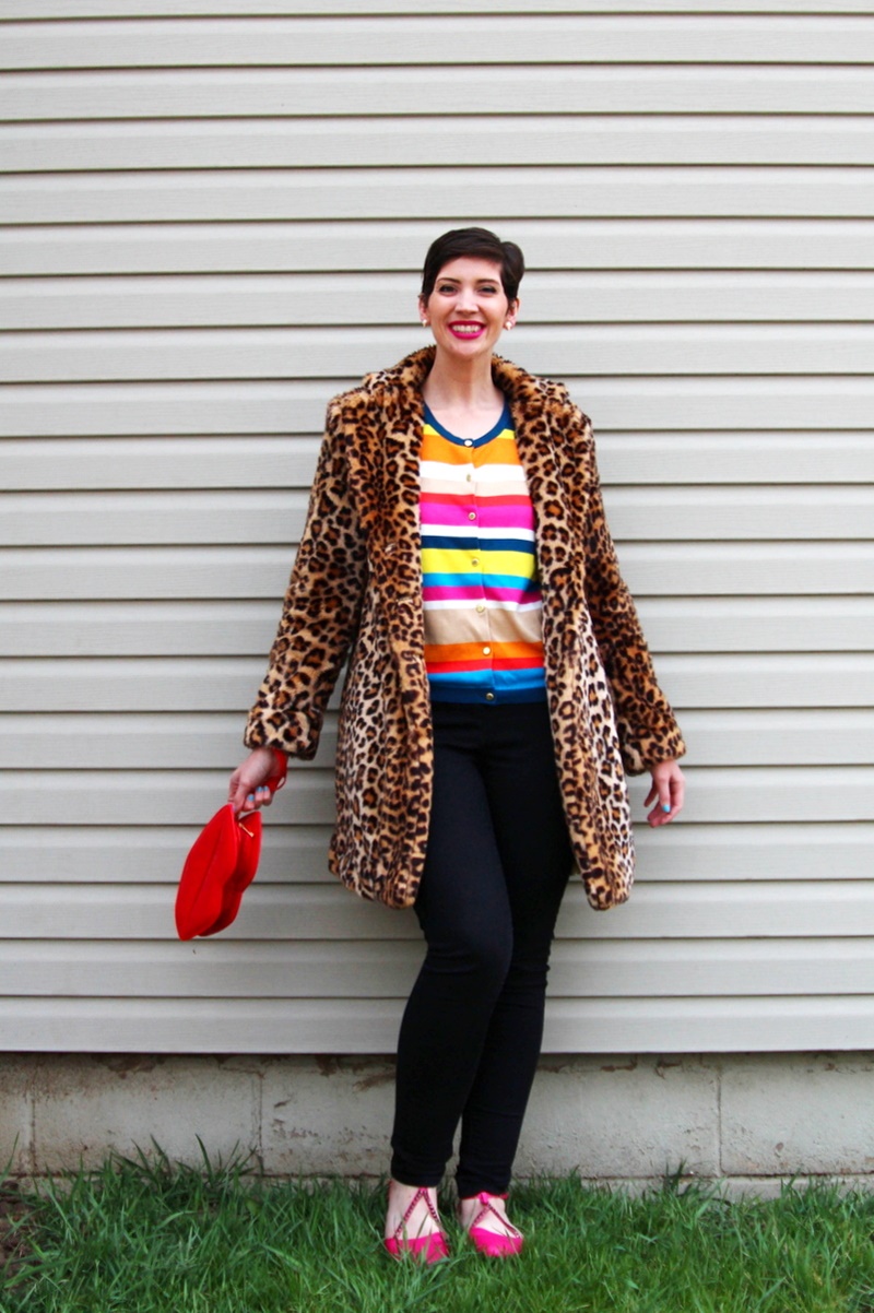 Striped rainbow sweater, leopard print coat, black jeggings, pink flats, Colourpop Heart On lipstick, red lip clutch purse, icecream cone earrings