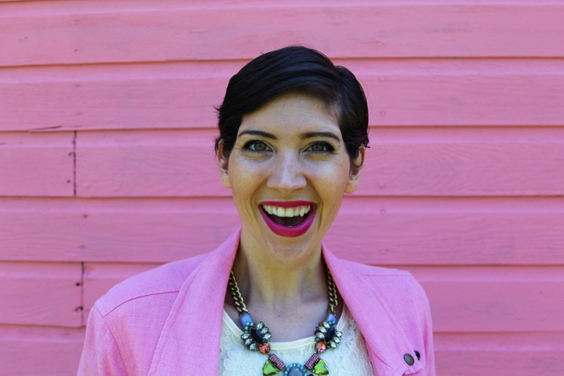 outfit thrifted white lace dress bridal, thredup pink moto jacket, poshmark nude flats, walmart statement necklace, ysl fuschia lipstick