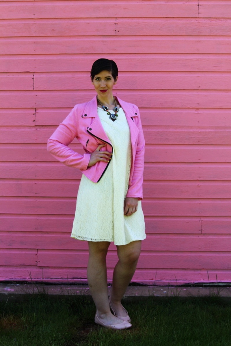 outfit thrifted white lace dress bridal, thredup pink moto jacket, poshmark nude flats, walmart statement necklace, ysl fuschia lipstick