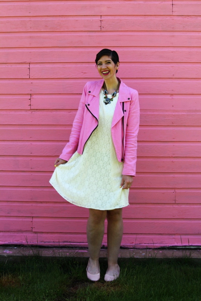 outfit thrifted white lace dress bridal, thredup pink moto jacket, poshmark nude flats, walmart statement necklace, ysl fuschia lipstick