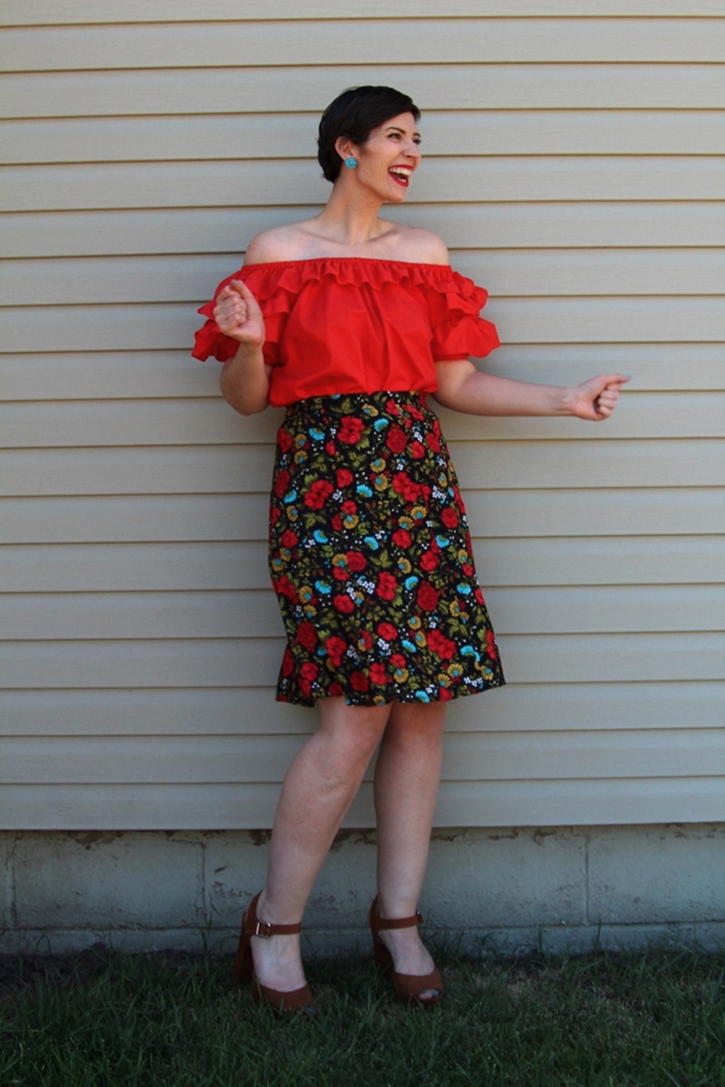 the outfit repeater hannah rupp fashion blog red off the shoulder blouse, floral skirt, thredup platform high heels, vintage blue flower clip on earrings, colourpop lippie stix bossy