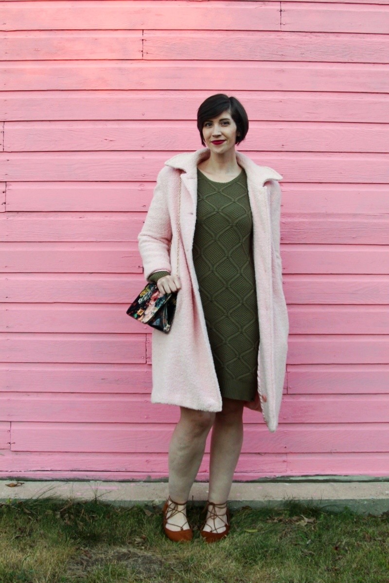 Pink For Fall? Why You Should Embrace This New Trend | www.theoutfitrepeater.com the outfit repeater hannah rupp vintage thrifted wearing pink for fall blush coat olive green sweater dress tan lace up flats Colourpop lipstick