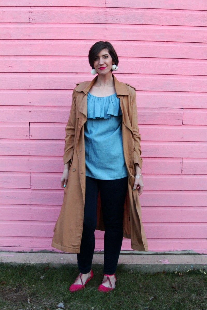 A New Twist on Double Denim | www.theoutfitrepeater.com the outfit repeater hannah rupp double denim chambray blouse dark wash skinny jeans pink flats fuchsia lipstick who what wear trench coat target thrifted women's affordable style budget friendly