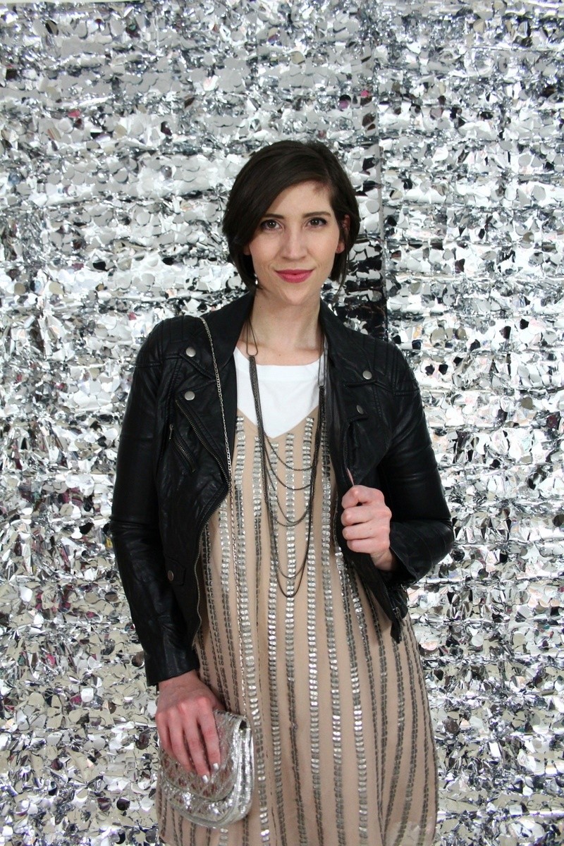 How To Wear Your New Years Eve Dress Now & Later | www.theoutfitrepeater.com the outfit repeater hannah rupp dress over pants sequin dress day to night holiday new years eve moto jacket thrifted style