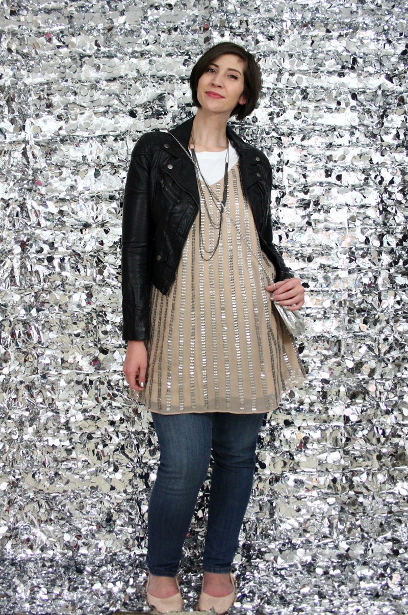 the outfit repeater hannah rupp dress over pants sequin dress day to night holiday new years eve moto jacket thrifted style