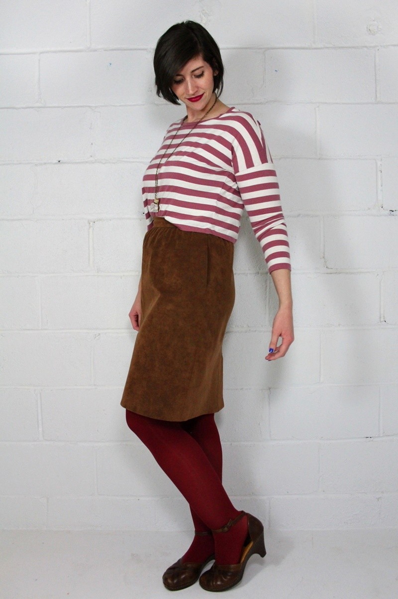 Crushing On Crimson: What To Wear With This Bold Color | www.theoutfitrepeater.com the outfit repeater hannah rupp thrifted all red outfit striped crop top suede skirt tights winter