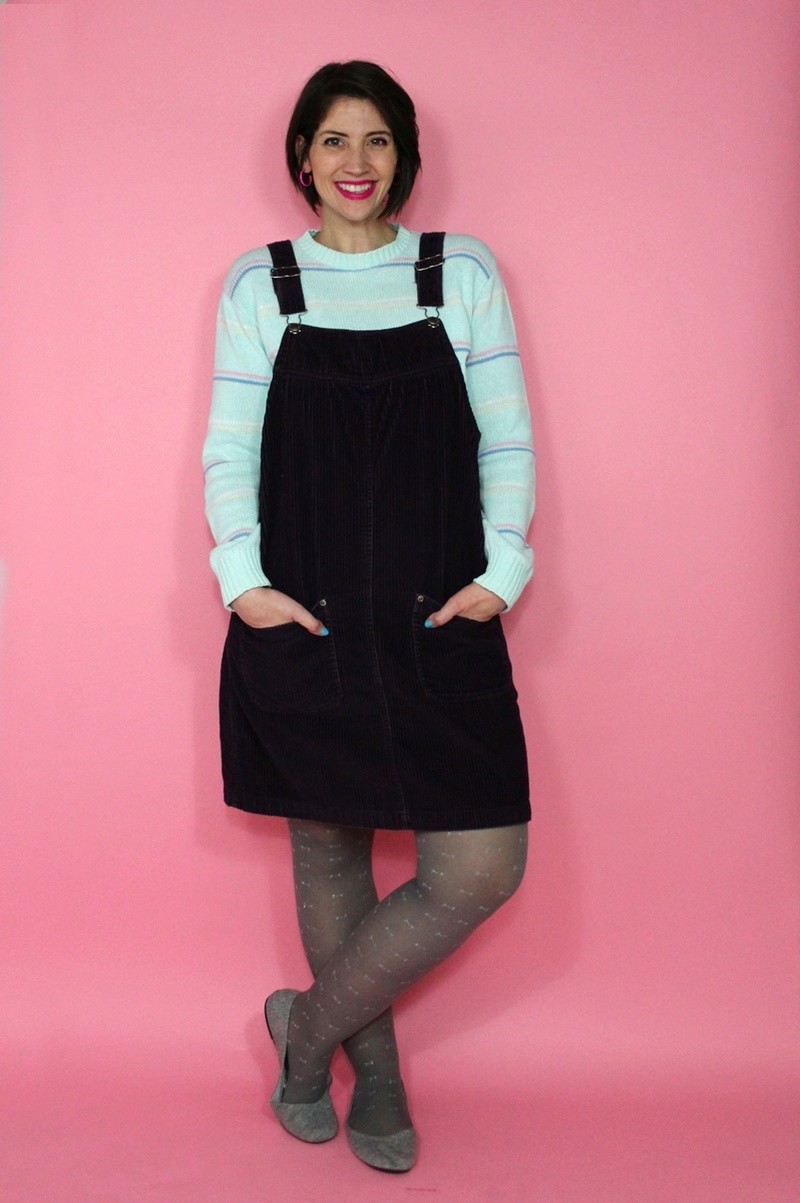 hannah rupp the outfit repeater winter capsule wardrobe challenge jumper dress corduroy overalls thrifted vintage sweater