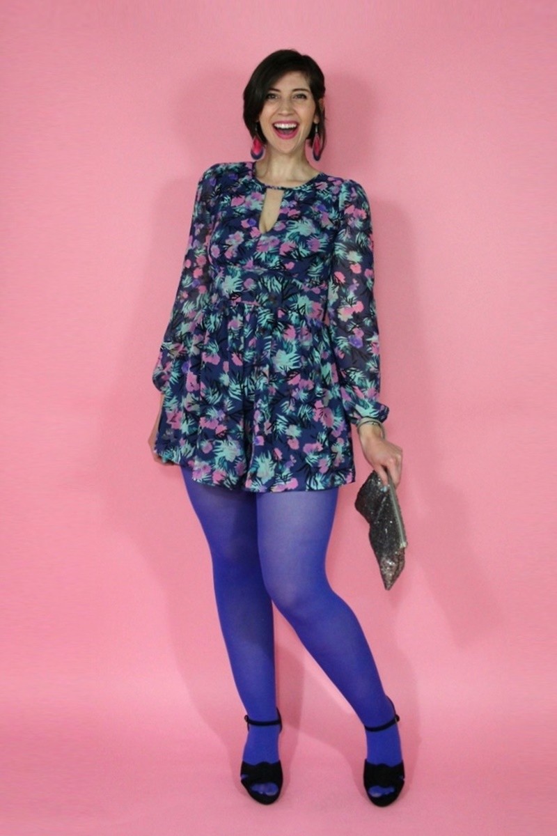 The Perfect Galentine's Day Outfit | www.theoutfitrepeater.com hannah rupp the outfit repeater galentine's day outfit celebrate inspiration idea purple tights romper swap.com thrifted secondhand consignment